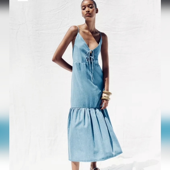 Zara Dresses & Skirts - Zara Sky Blue Tie-Front Midi Dress